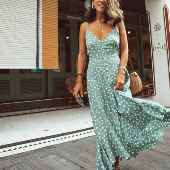 Dresses & Skirts - polka dot v neck ruffle hem boho mint Maxi dress